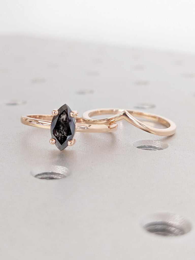 14k Rose Gold Salt and Pepper Diamond Ring, Marquise V Shape Black Diamond Matching Wedding Ring, Stacking Ring, Engagement Ring