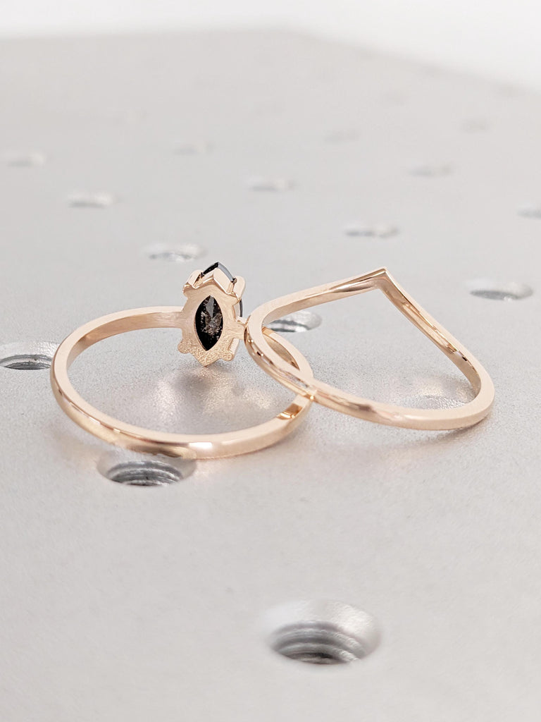 14k Rose Gold Salt and Pepper Diamond Ring, Marquise V Shape Black Diamond Matching Wedding Ring, Stacking Ring, Engagement Ring