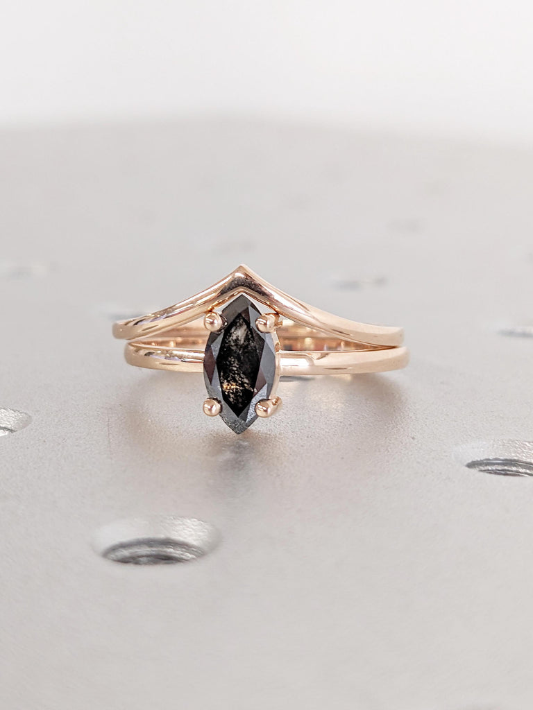 14k Rose Gold Salt and Pepper Diamond Ring, Marquise V Shape Black Diamond Matching Wedding Ring, Stacking Ring, Engagement Ring