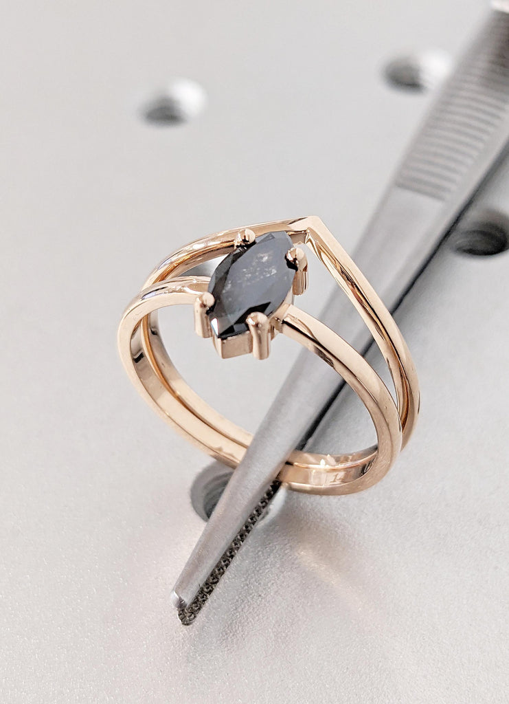 14k Rose Gold Salt and Pepper Diamond Ring, Marquise V Shape Black Diamond Matching Wedding Ring, Stacking Ring, Engagement Ring