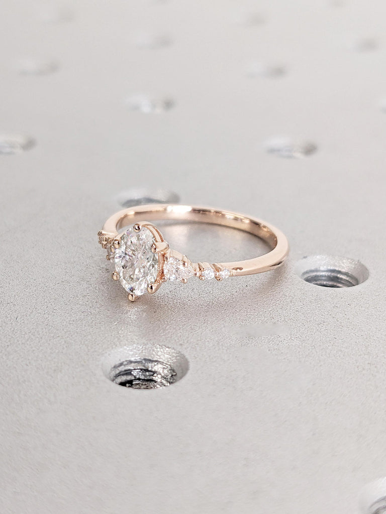 14k Rose Gold Art Deco Moissanite Wedding Anniversary Ring for Wife | Pear, Round cut Diamond Cluster Ring | Tapered Gold Band