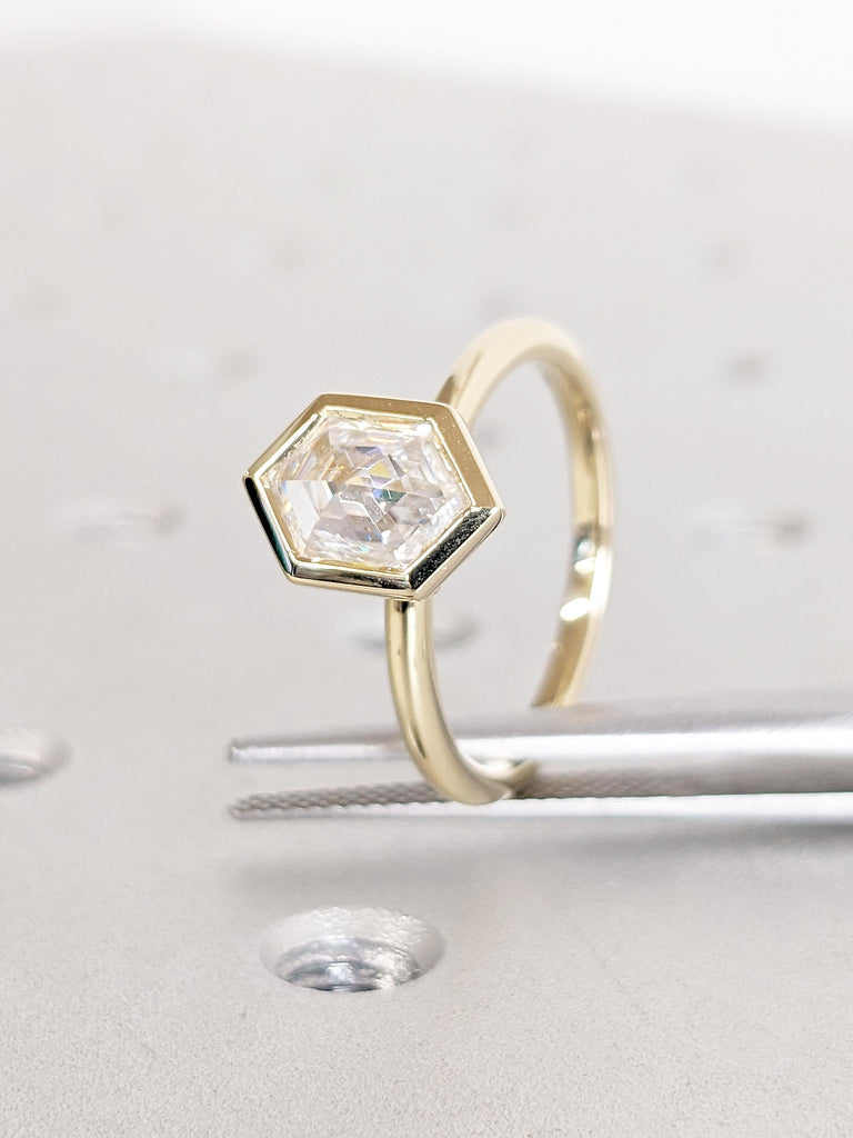 14K Yellow Gold Solitaire Statement Ring | Hexagon Cut Moissanite Proposal Ring | Hexagon Anniversary or Engagement Ring | Gift for Wife