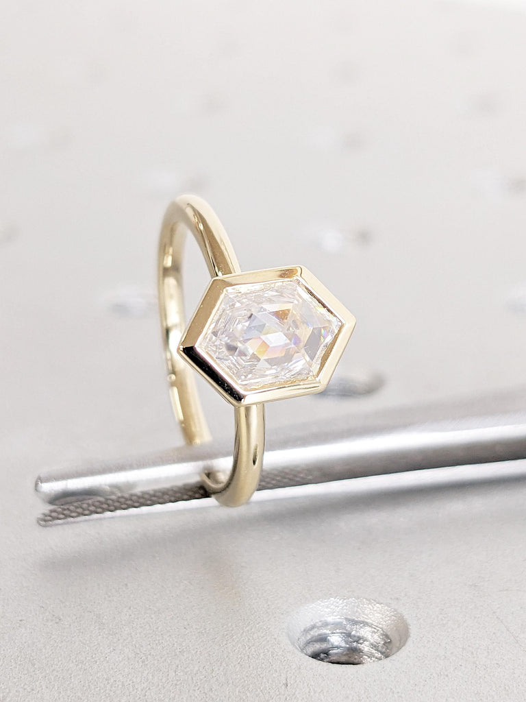 14K Yellow Gold Solitaire Statement Ring | Hexagon Cut Moissanite Proposal Ring | Hexagon Anniversary or Engagement Ring | Gift for Wife