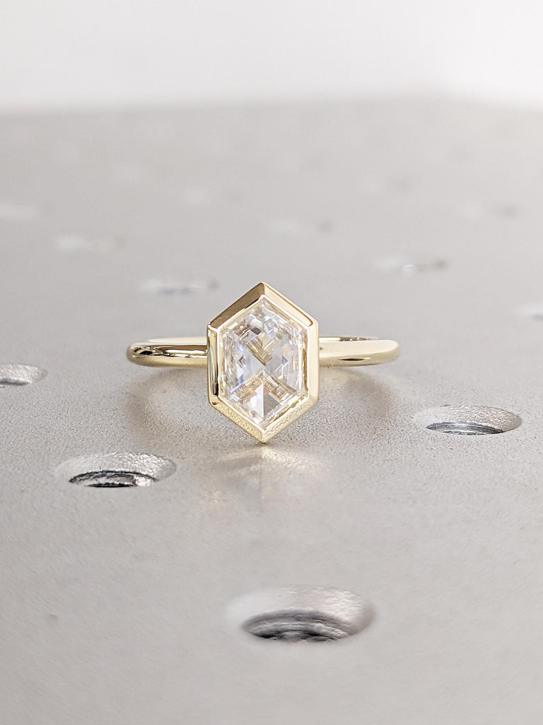 Hexagon Cut Moissanite Engagement Ring | 14K Yellow Gold Solitaire Promise Ring | Dainty Wedding Rings for Women | Minimalist Ring