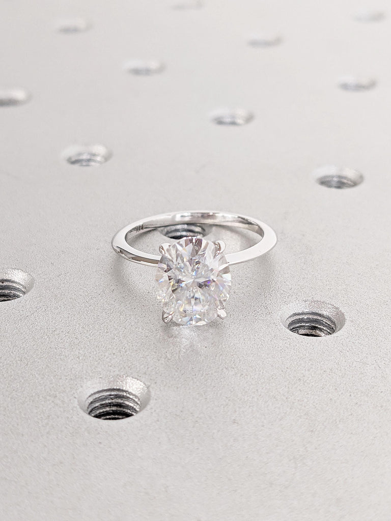 Oval Cut Moissanite Engagement Ring | 14k White Gold Art Deco Solitaire Ring | Dainty Wedding Band | Unique Anniversary Gift Idea