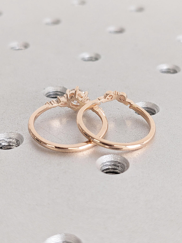 Unique Lab Diamond Cluster Engagement Ring Set | Dainty 14K Rose Gold Tapered Band | Vintage Lab Diamond Crown Ring | Jewelry Gift for Wife