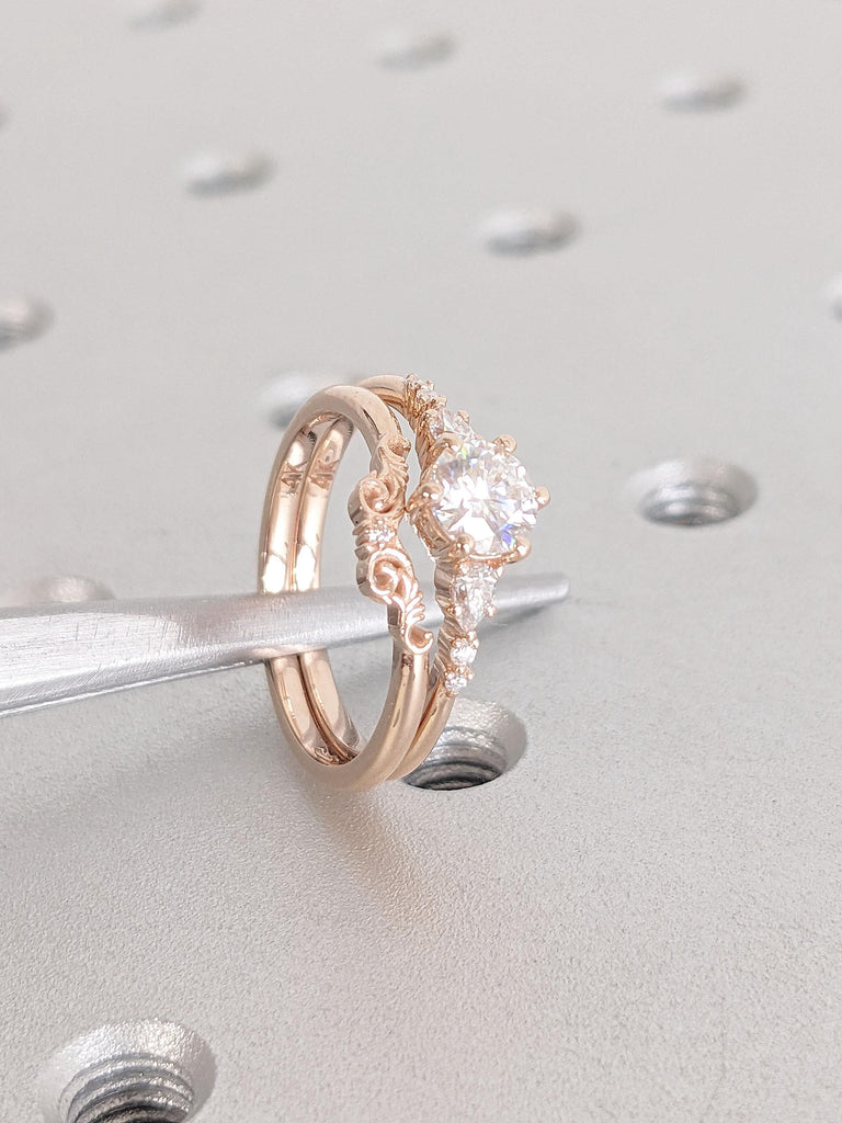 Unique Lab Diamond Cluster Engagement Ring Set | Dainty 14K Rose Gold Tapered Band | Vintage Lab Diamond Crown Ring | Jewelry Gift for Wife