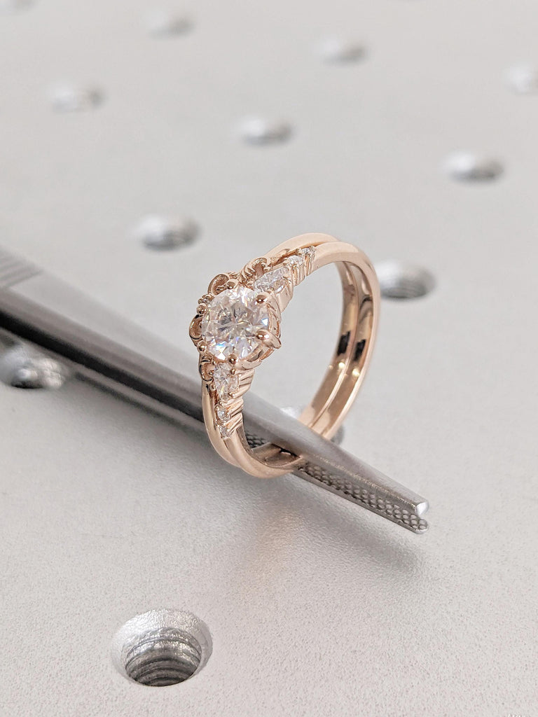 Pear and Round cut Lab Diamond Wedding Ring Set | Real Rose Gold Stacking Ring | Curve Ring | Art Deco Diamond Promise Anniversary Ring