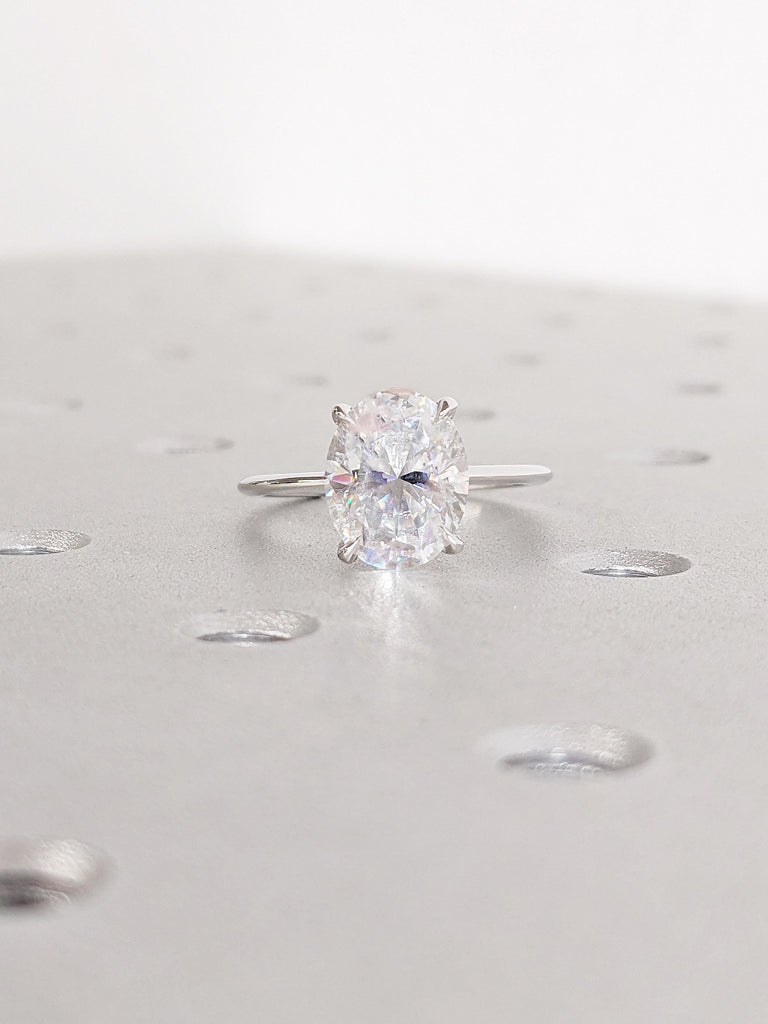 Oval Cut Moissanite Engagement Ring | 14k White Gold Art Deco Solitaire Ring | Dainty Wedding Band | Unique Anniversary Gift Idea