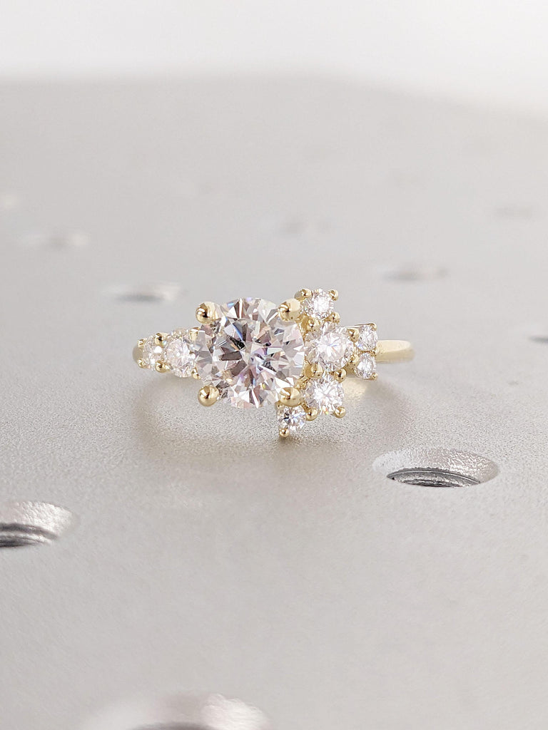 Multi Stone Moissanite Ring | Unique Proposal Ring with Lab Diamond Cluster | 14k 18k Yellow Gold Wedding Ring