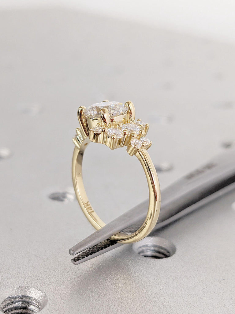 Moissanite and Lab Diamond Cluster Promise Ring | 14k Yellow Gold Asymmetrical Moissanite Ring | Art Deco Anniversary Ring Gift for Wife