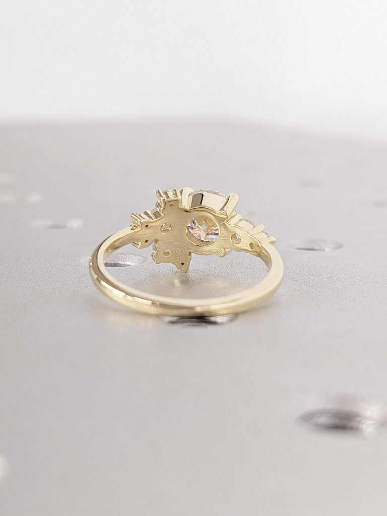 Round Lab Grown Diamond Engagement Ring, 14 Yellow Gold Wedding Ring, Unique Moissanite and Diamond Cluster Ring, Vintage Anniversary Ring