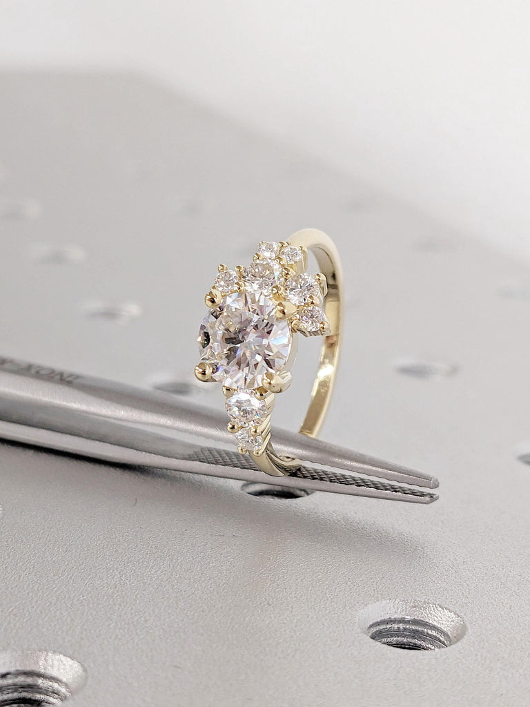 Round Lab Grown Diamond Engagement Ring, 14 Yellow Gold Wedding Ring, Unique Moissanite and Diamond Cluster Ring, Vintage Anniversary Ring