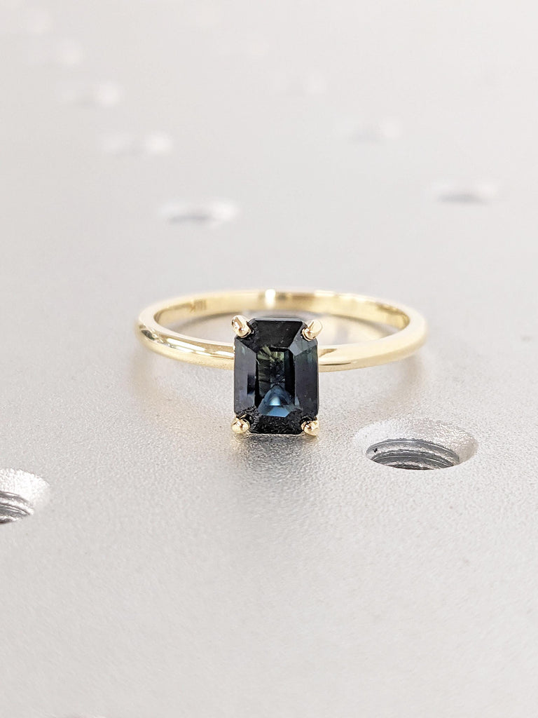 Teal Sapphire Engagement Ring, Emerald Cut Ring, Solitaire 18k Yellow Gold Ring, Blue Green Sapphire Rings for Women, Birthday Gift for Wife