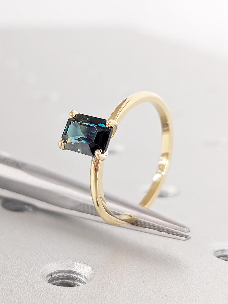 Teal Sapphire Engagement Ring, Emerald Cut Ring, Solitaire 18k Yellow Gold Ring, Blue Green Sapphire Rings for Women, Birthday Gift for Wife