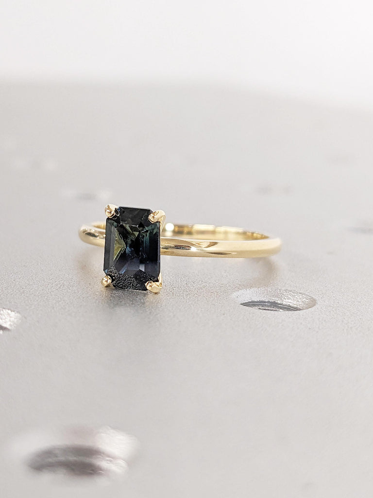 Teal Sapphire Engagement Ring, Emerald Cut Ring, Solitaire 18k Yellow Gold Ring, Blue Green Sapphire Rings for Women, Birthday Gift for Wife