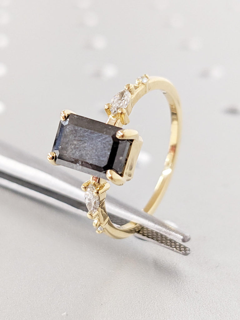 Emerald Cut Salt and Pepper Diamond Ring | 18k Yellow Gold Diamond Ring | Unique Engagement Ring | Perfect Anniversary Gift for Her