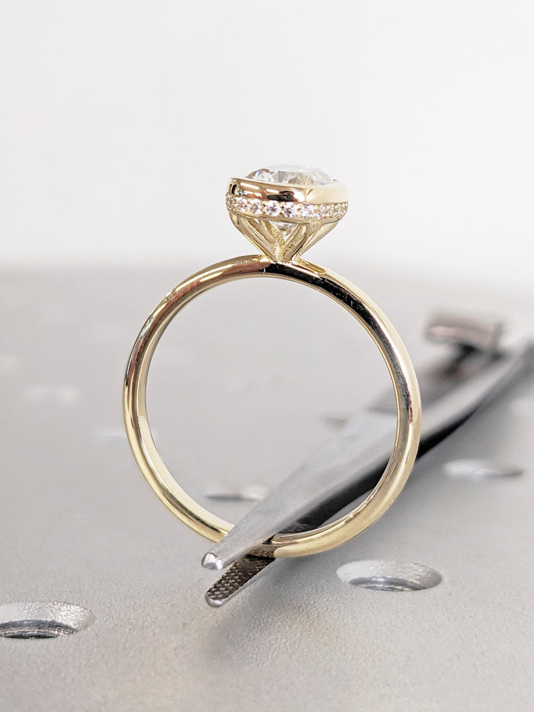 Cushion Cut Moissanite Promise Ring | Vintage Hidden Halo Engagement Ring in 14K Yellow Gold | Anniversary Gift | Diamond Statement Ring