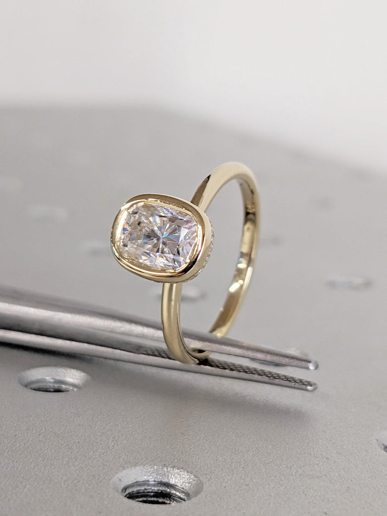 Cushion Cut Moissanite Promise Ring | Vintage Hidden Halo Engagement Ring in 14K Yellow Gold | Anniversary Gift | Diamond Statement Ring