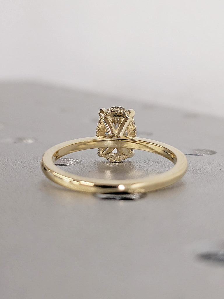 Hidden Halo Moissanite Engagement Ring, 14k Yellow Gold Oval Solitaire Ring, Unique Promise Ring or Wedding Rings for Women, Gift for Mom