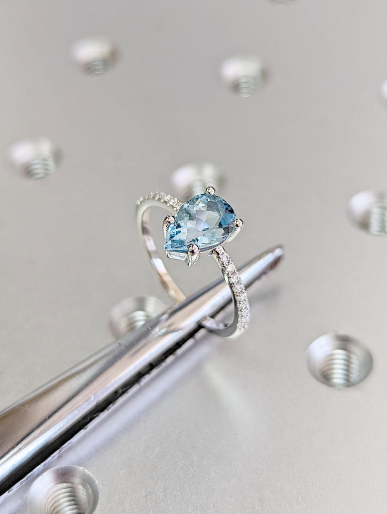 Pear Cut Aquamarine Engagement Ring | Natural Diamond Cluster Bridal Wedding Rings For Women | Unique Solid Gold Gemstone Anniversary Ring Gift