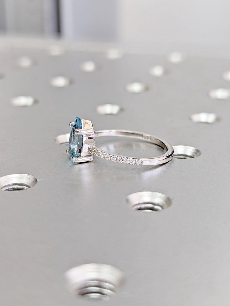 Pear cut Aquamarine Ring | Vintage Lab Grown Aquamarine Engagement Ring | White Gold Unique Promise Ring | Diamond Cluster Eternity Ring