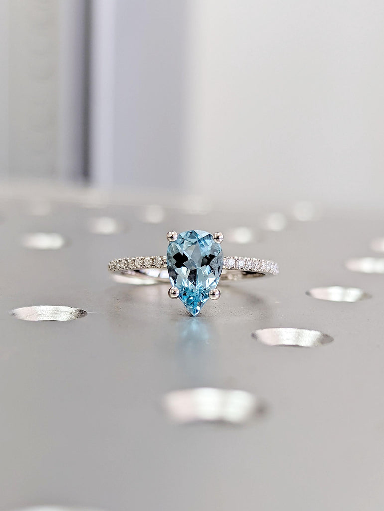 Pear cut Aquamarine Ring | Vintage Lab Grown Aquamarine Engagement Ring | White Gold Unique Promise Ring | Diamond Cluster Eternity Ring