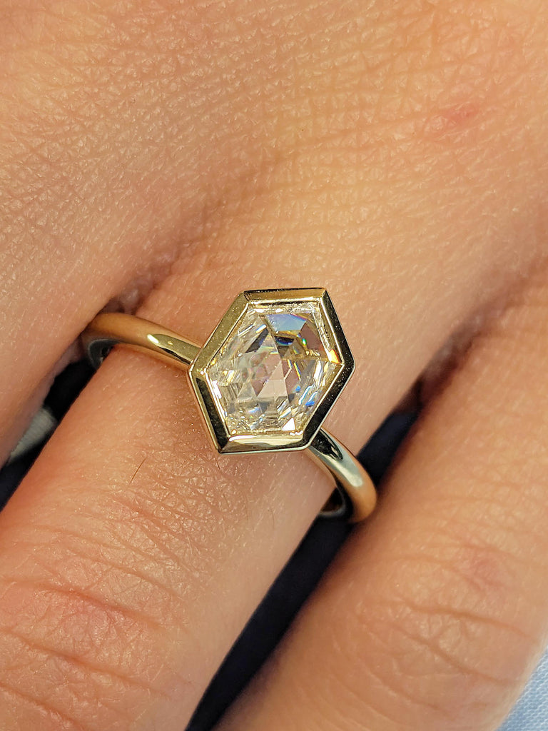 14K Yellow Gold Solitaire Statement Ring | Hexagon Cut Moissanite Proposal Ring | Hexagon Anniversary or Engagement Ring | Gift for Wife