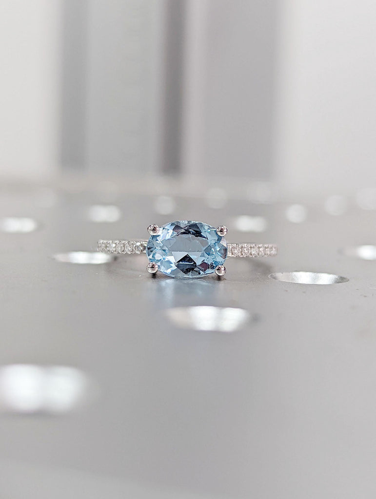 Dainty Oval cut Aquamarine Ring | Vintage Lab Aquamarine Engagement Ring | White Gold Unique Promise Ring | Diamond Cluster Ring Women Gifts