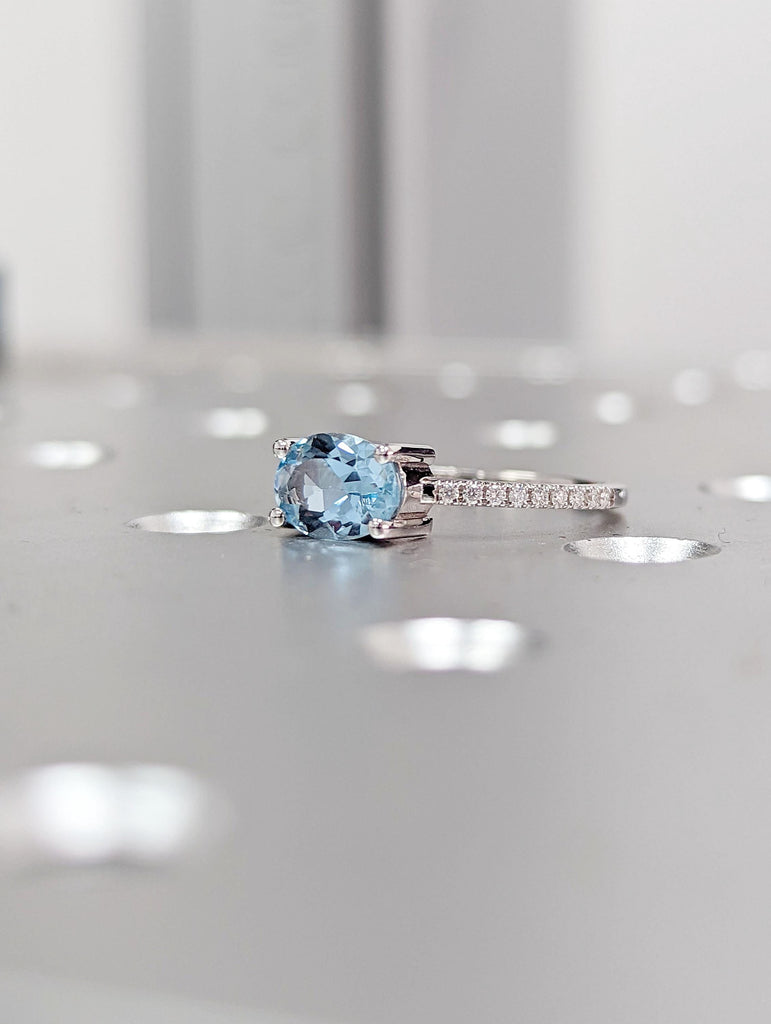 Dainty Oval cut Aquamarine Ring | Vintage Lab Aquamarine Engagement Ring | White Gold Unique Promise Ring | Diamond Cluster Ring Women Gifts