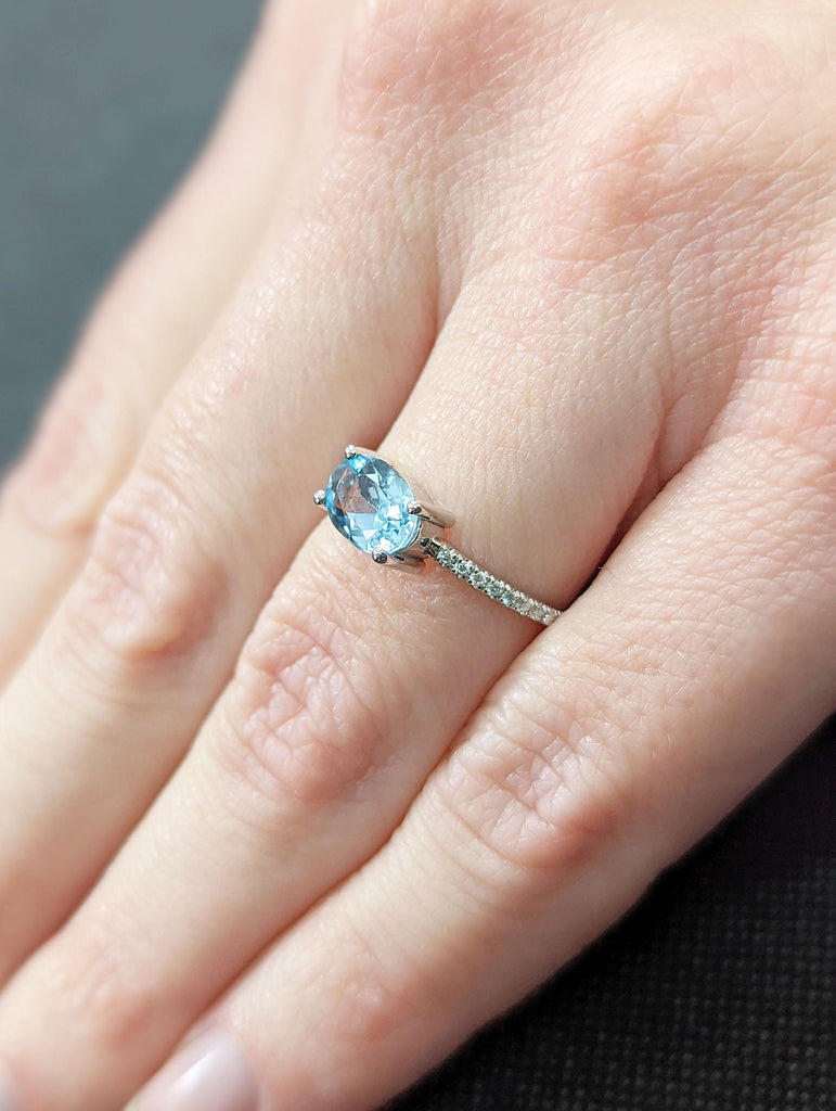 Dainty Oval cut Aquamarine Ring | Vintage Lab Aquamarine Engagement Ring | White Gold Unique Promise Ring | Diamond Cluster Ring Women Gifts