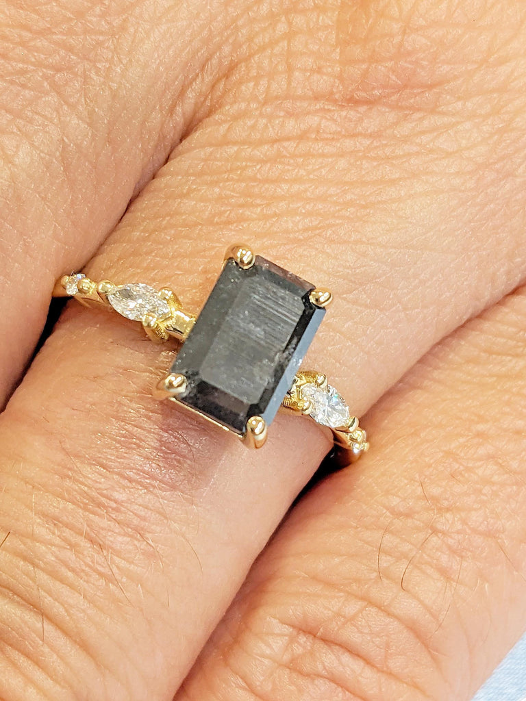 0.5-2.25ct Emerald Cut Ring, Salt and Pepper Engagement Ring, 18k Yellow Gold Proposal Ring, Diamond Wedding Ring, Art Deco Statement Rings