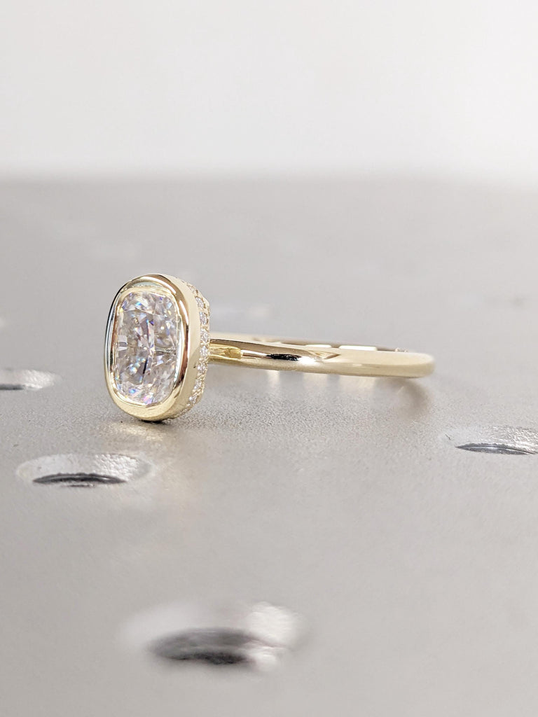 Art Deco Cushion Cut Moissanite Engagement Ring | Hidden Halo Diamond and Moissanite Wedding Ring in 14K Yellow Gold | Bridal Jewelry