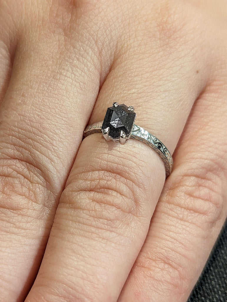 Hexagon cut Black Diamond Wedding Ring | Filigree Bridal Ring | Vintage Promise Anniversary Ring for Her | Salt and Pepper Diamond Ring