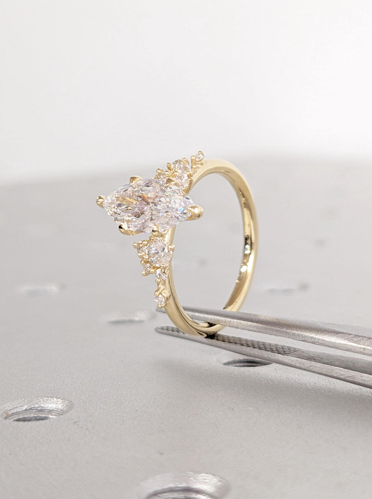 18K Yellow Gold Marquise Cut Moissanite Wedding Ring | Unique Moissanite Statement Ring Snowdrift Engagement or Birthday Gift for Her