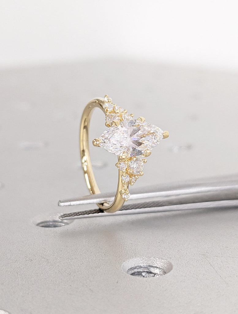 18K Yellow Gold Marquise Cut Moissanite Wedding Ring | Unique Moissanite Statement Ring Snowdrift Engagement or Birthday Gift for Her