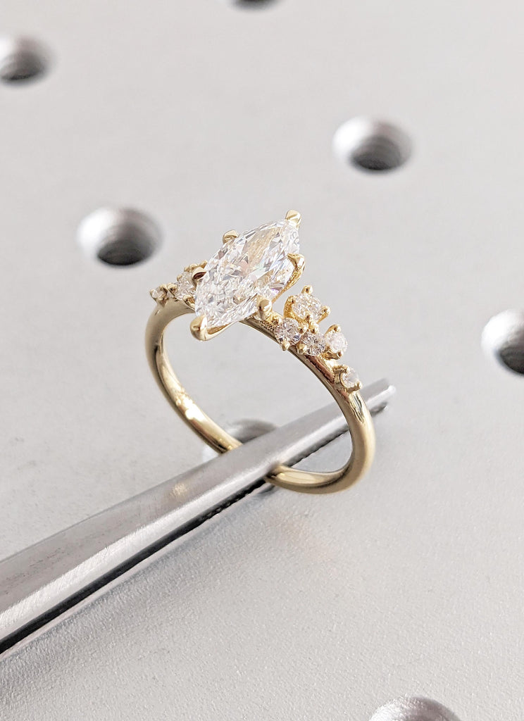 18K Yellow Gold Marquise Cut Moissanite Wedding Ring | Unique Moissanite Statement Ring Snowdrift Engagement or Birthday Gift for Her