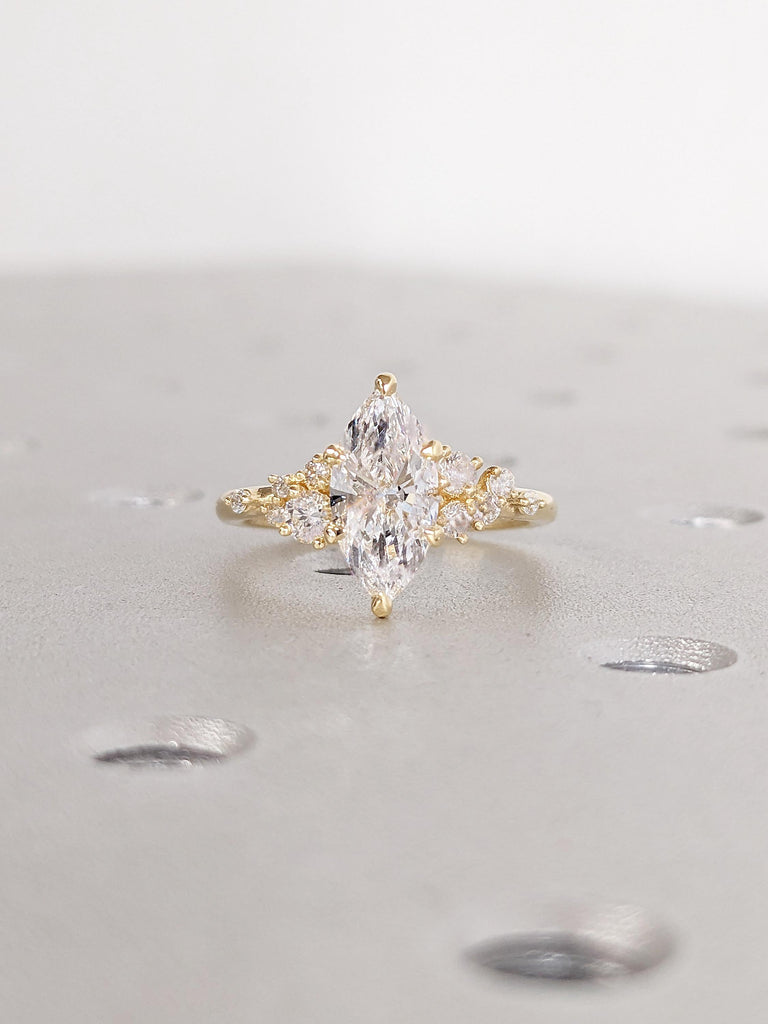 18K Yellow Gold Marquise Cut Moissanite Wedding Ring | Unique Moissanite Statement Ring Snowdrift Engagement or Birthday Gift for Her