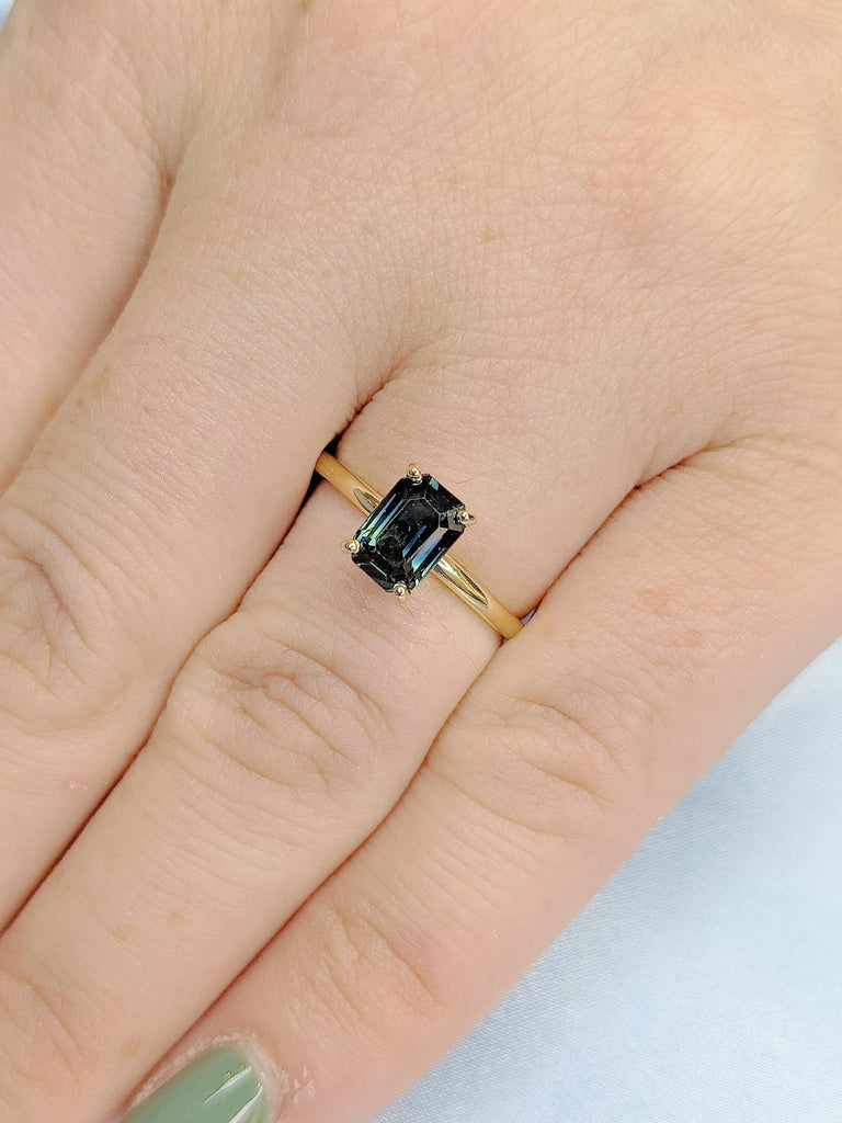 Teal Sapphire Engagement Ring, Emerald Cut Ring, Solitaire 18k Yellow Gold Ring, Blue Green Sapphire Rings for Women, Birthday Gift for Wife