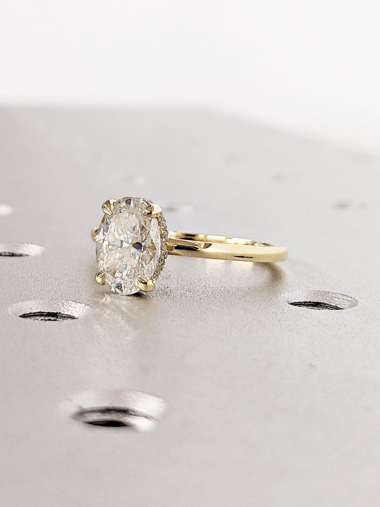 Oval Lab Grown Diamond Ring | 14k Yellow Gold Hidden Halo Solitaire Ring | Lab Diamond Ring | Oval Engagement Ring | Birthday Gifts for Her