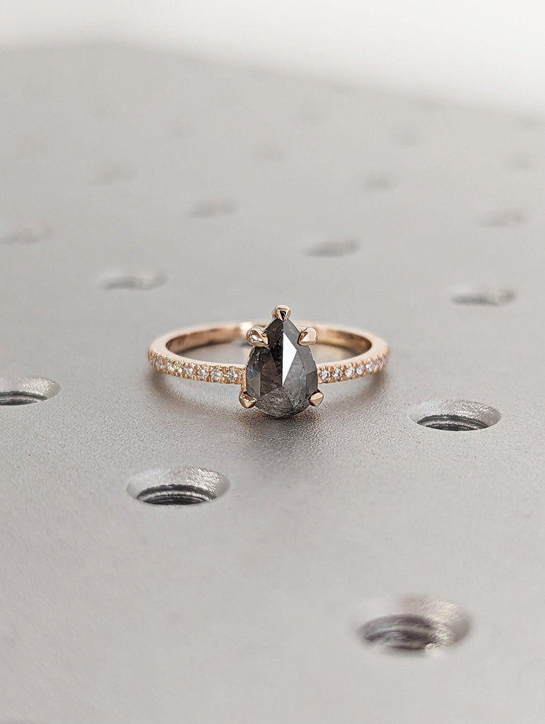 Pear cut Natural Salt and Pepper Grey Diamond Engagement Ring | Unique Diamond Promise Ring | Dainty Rose Gold Band | Diamond Cluster Ring