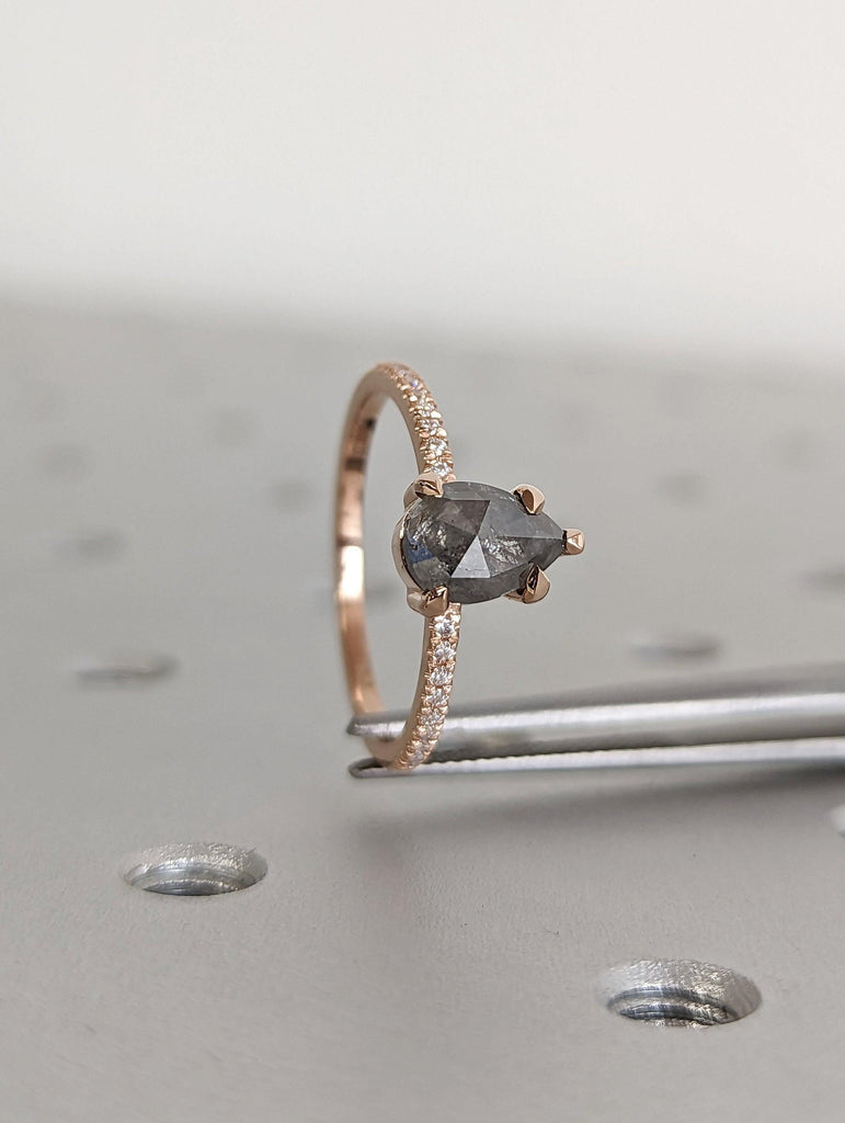 Pear cut Natural Salt and Pepper Grey Diamond Engagement Ring | Unique Diamond Promise Ring | Dainty Rose Gold Band | Diamond Cluster Ring