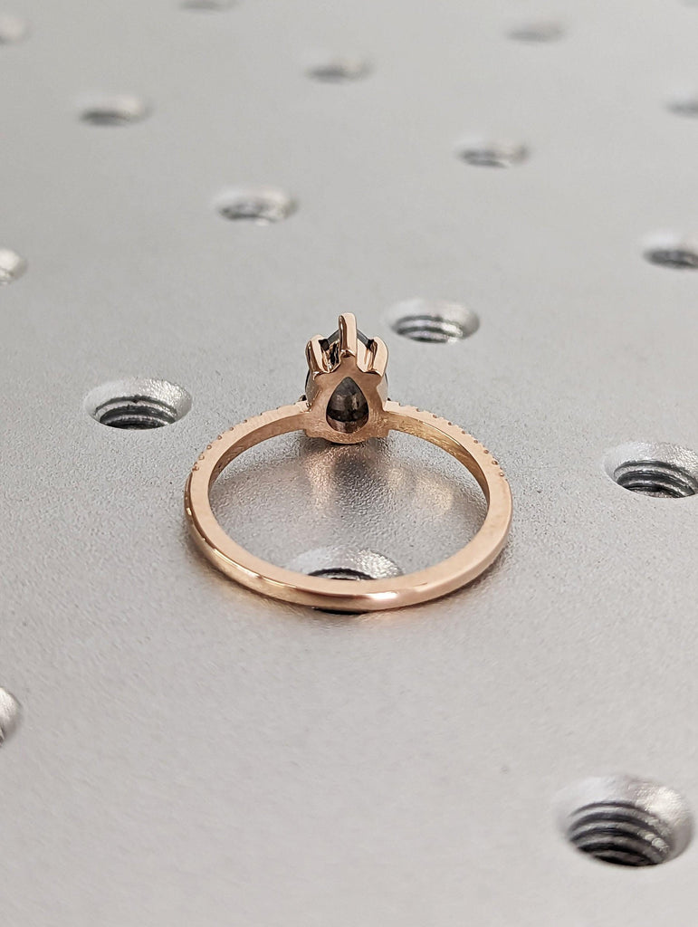 Pear cut Natural Salt and Pepper Grey Diamond Engagement Ring | Unique Diamond Promise Ring | Dainty Rose Gold Band | Diamond Cluster Ring