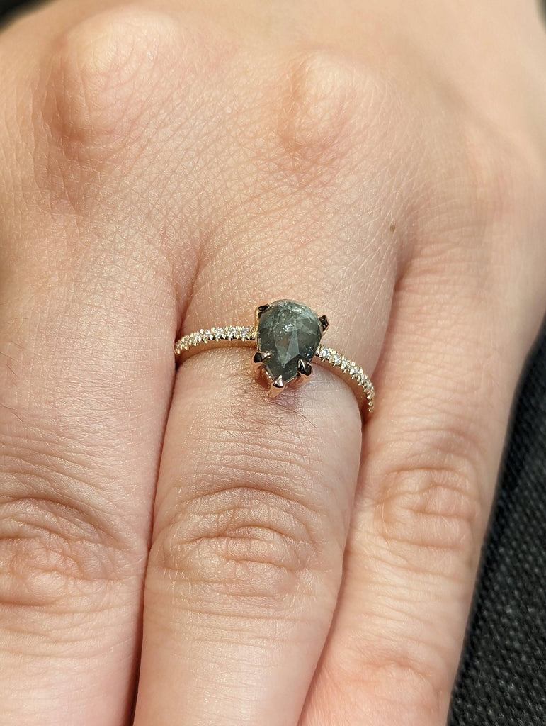 Pear cut Natural Salt and Pepper Grey Diamond Engagement Ring | Unique Diamond Promise Ring | Dainty Rose Gold Band | Diamond Cluster Ring