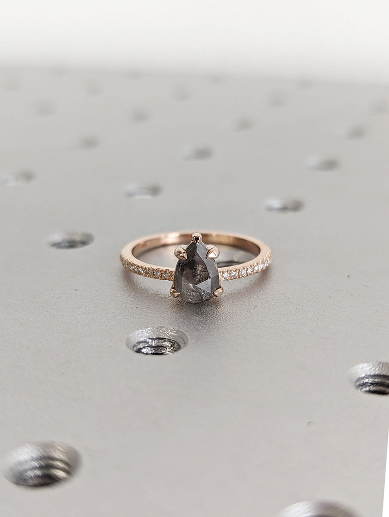 Pear cut Natural Salt and Pepper Grey Diamond Engagement Ring | Unique Diamond Promise Ring | Dainty Rose Gold Band | Diamond Cluster Ring