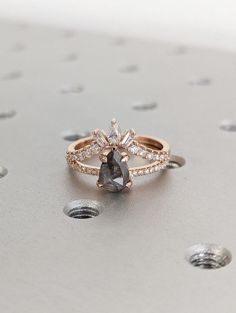 14K Rose Gold Wedding Anniversary Ring Set for Wife | Salt and Pepper Diamond Solitaire Ring | Dainty Engagement Ring | Moissanite Cluster Stacking Ring