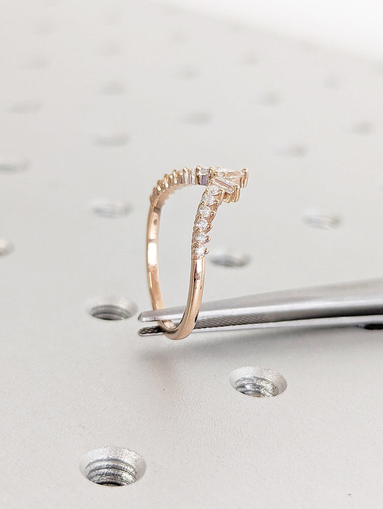 Curved Wedding Ring Diamond Prong set Ring | Pear and Round cut Lab Diamond Half Eternity Ring | 14k Solid Gold Dainty Promise Ring for Her