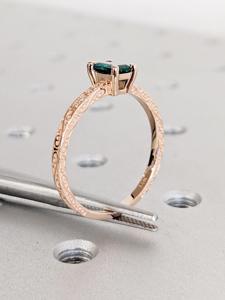 14k Rose Gold Lab Grown Emerald Promise Ring | Jewelry Gift for Her | Unique Diamond Engagement Ring for Wife | Gold Emerald Ring