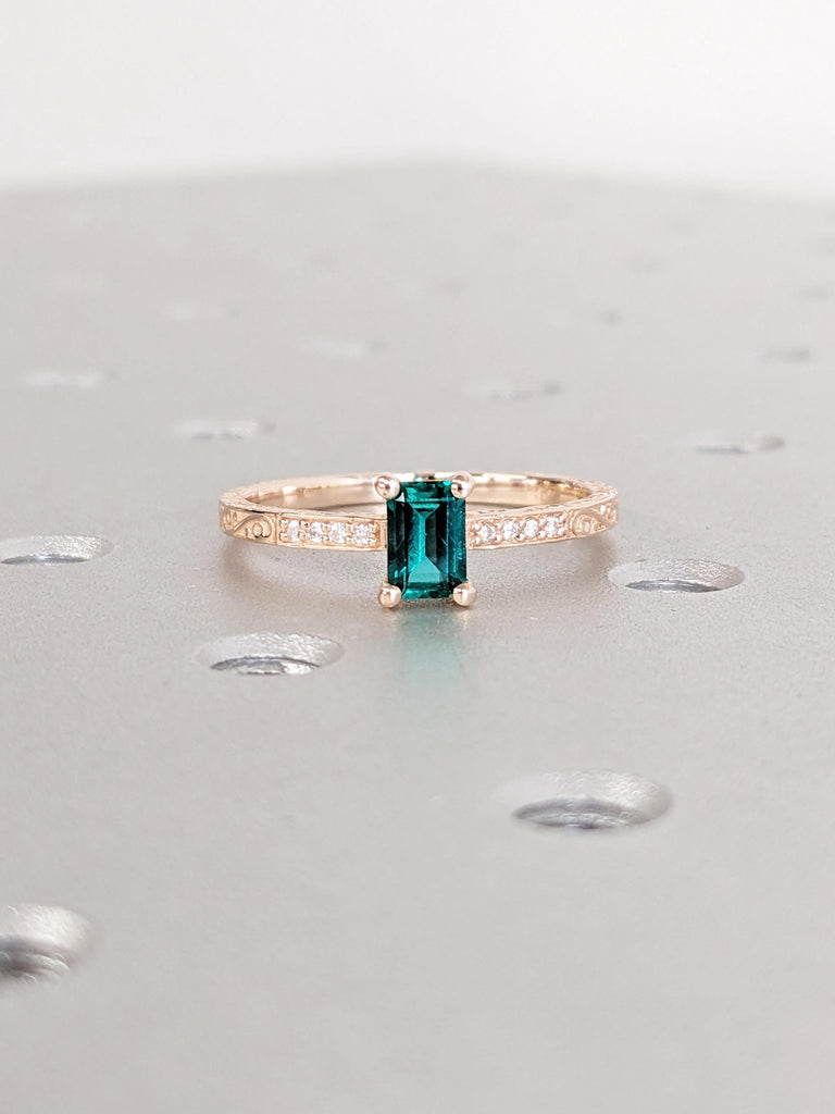 Vintage Emerald Engagement Ring | 14k Rose Gold Emerald Cut Ring | Bridal Gift for Daughter | Unique Wedding Gift for Women | Proposal Ring