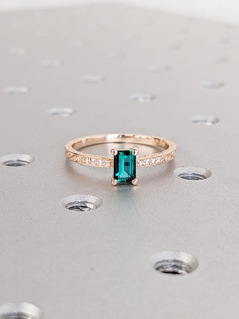 14k Rose Gold Lab Grown Emerald Promise Ring | Jewelry Gift for Her | Unique Diamond Engagement Ring for Wife | Gold Emerald Ring